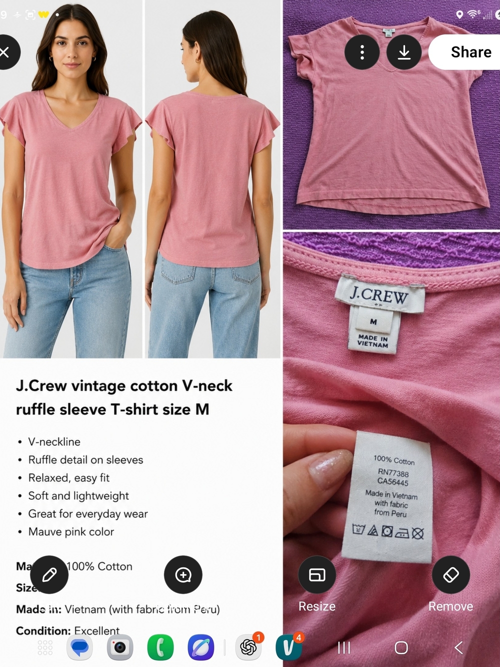 J. Crew Mauve Pink V-Neck Ruffle Sleeve Tee